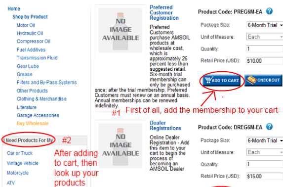 Picture of how to add the Amsoil trial preferred customer membership to your cart to get wholesale prices immediately